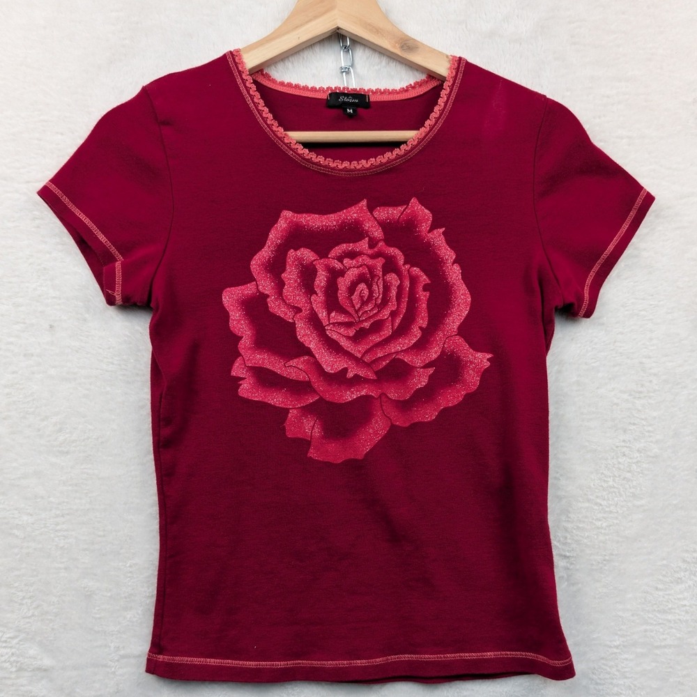 VTG Storm Top Women's M Red Glitter Rose Lace Trim Coquette Grunge Sleaze Y2K